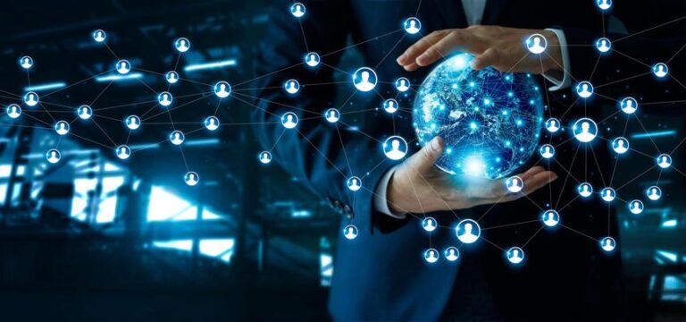 businessman holding global customer network connection in hands.technology and structure networking and data exchanges communication on dark blue background.